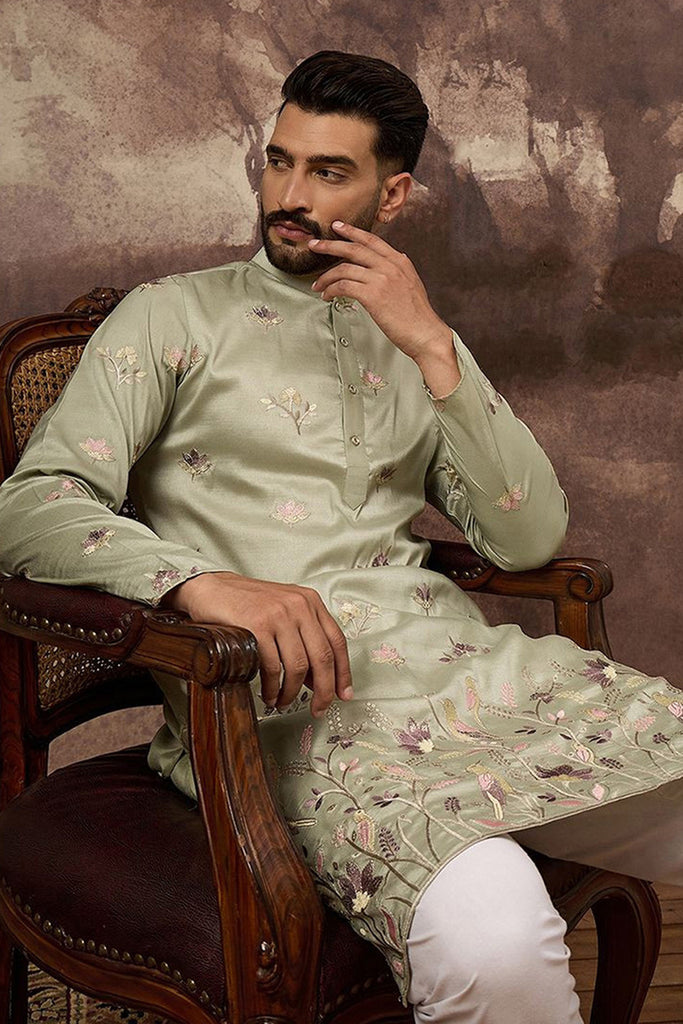 Green Silk Blend Solid Embroidered Straight Kurta and Trouser MKSET1341