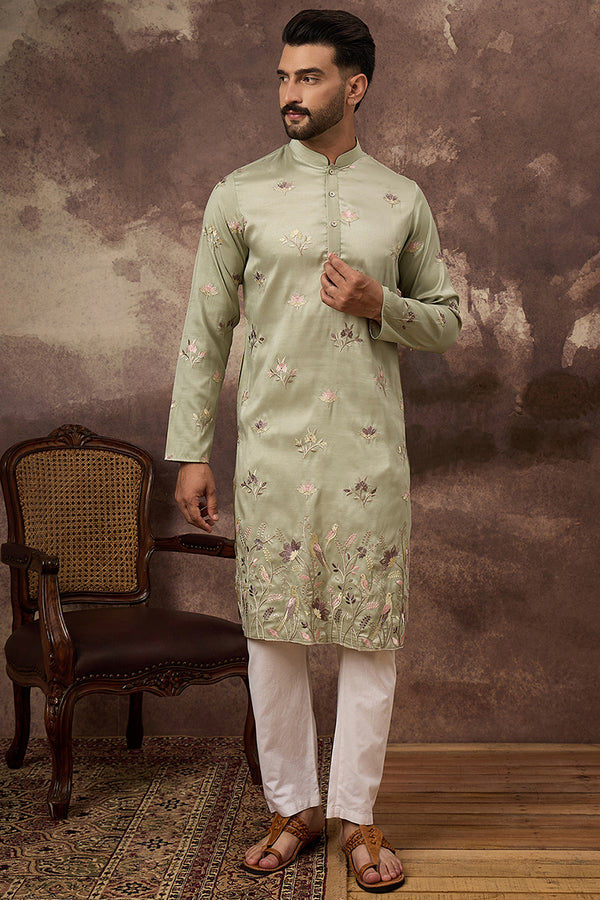 Green Silk Blend Solid Embroidered Straight Kurta and Trouser MKSET1341