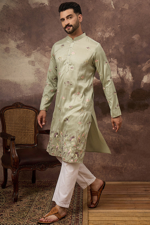 Green Silk Blend Solid Embroidered Straight Kurta and Trouser MKSET1341