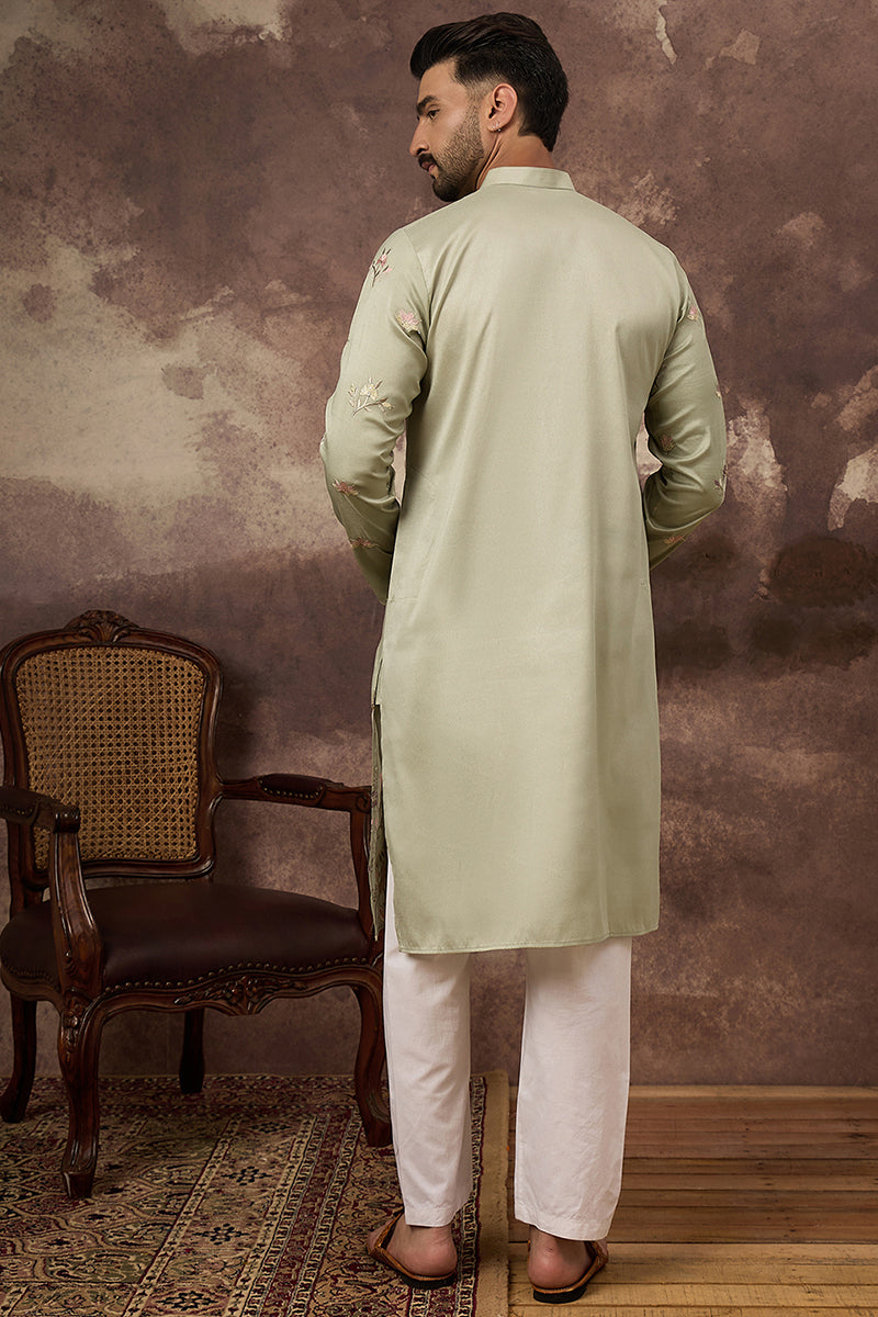 Green Silk Blend Solid Embroidered Straight Kurta and Trouser MKSET1341