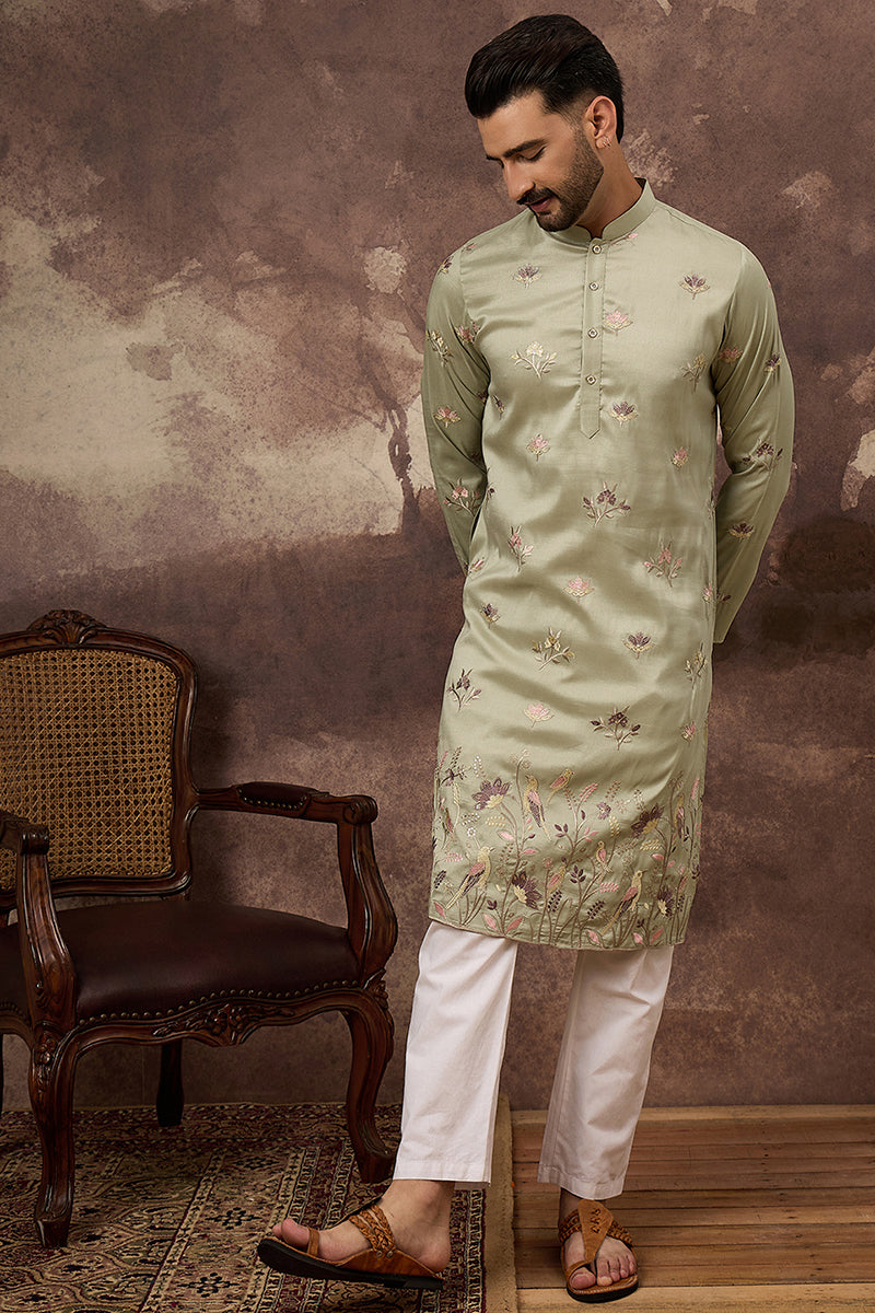 Green Silk Blend Solid Embroidered Straight Kurta and Trouser MKSET1341
