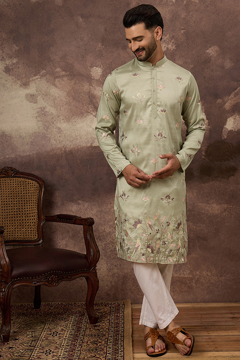 Green Silk Blend Solid Embroidered Straight Kurta and Trouser MKSET1341