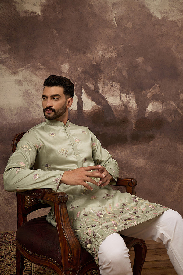 Green Silk Blend Solid Embroidered Straight Kurta and Trouser MKSET1341