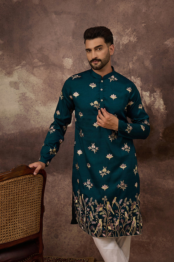 Blue Silk Blend Solid Embroidered Straight Kurta and Trouser MKSET1342