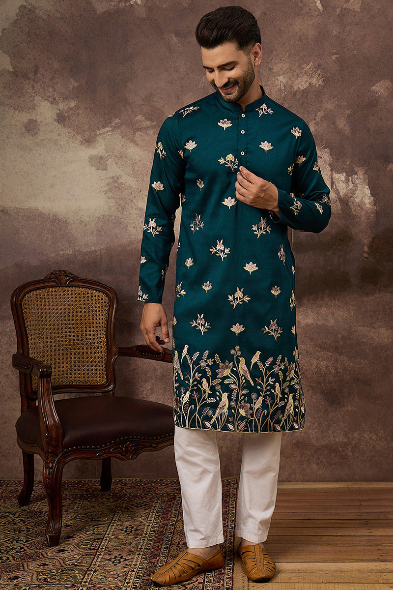 Blue Silk Blend Solid Embroidered Straight Kurta and Trouser MKSET1342