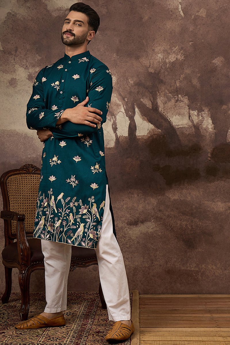Blue Silk Blend Solid Embroidered Straight Kurta and Trouser MKSET1342