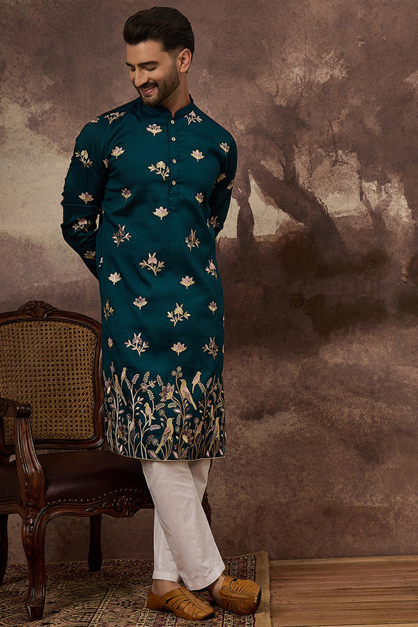 Blue Silk Blend Solid Embroidered Straight Kurta and Trouser MKSET1342