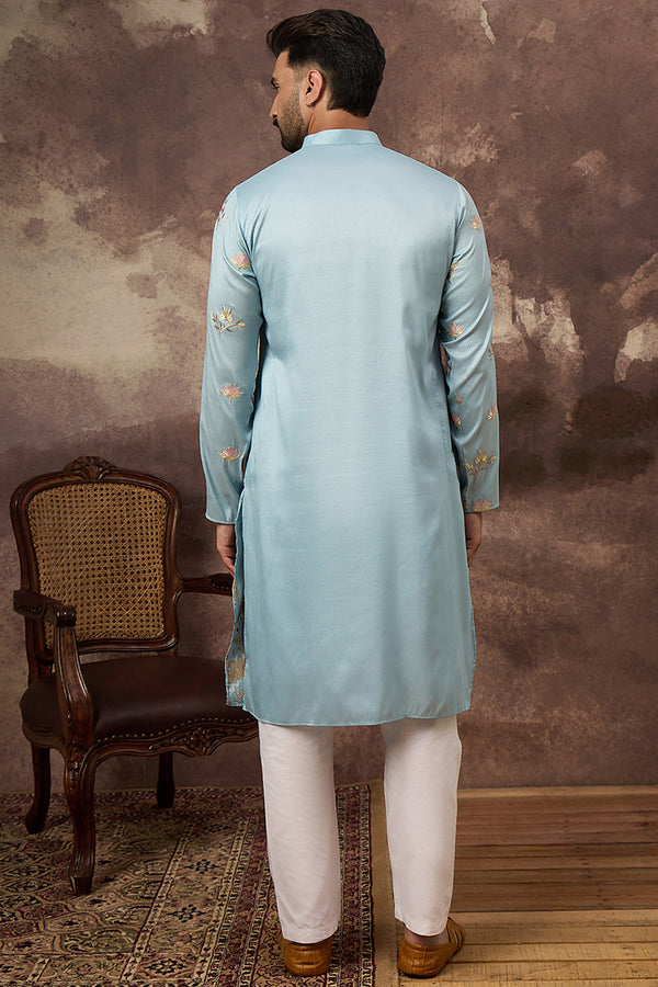 Blue Silk Blend Solid Embroidered Straight Kurta and Trouser MKSET1343
