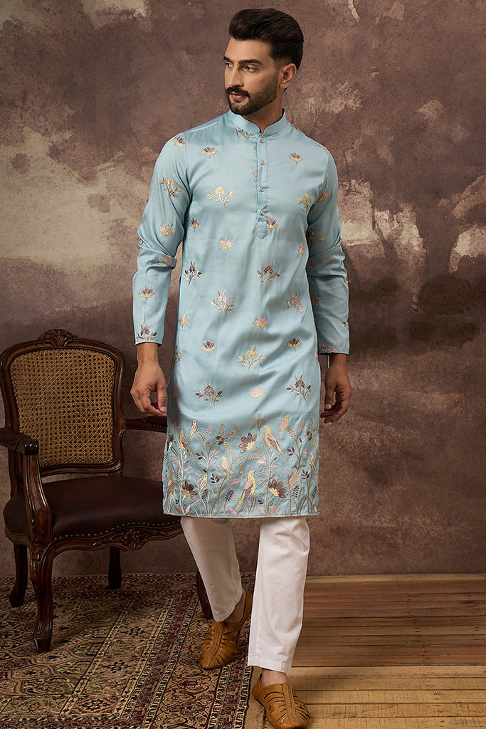 Blue Silk Blend Solid Embroidered Straight Kurta and Trouser MKSET1343