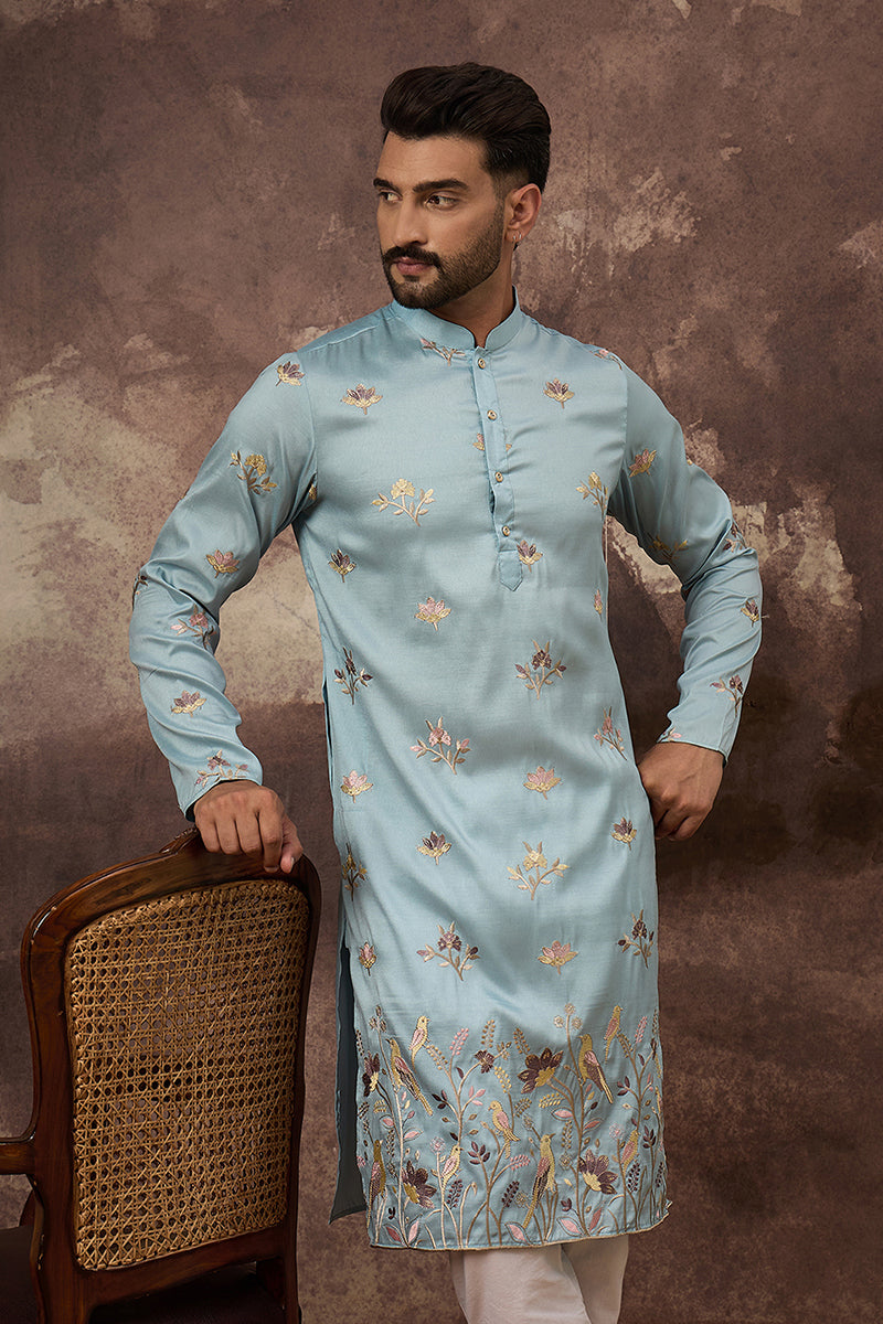 Blue Silk Blend Solid Embroidered Straight Kurta and Trouser MKSET1343