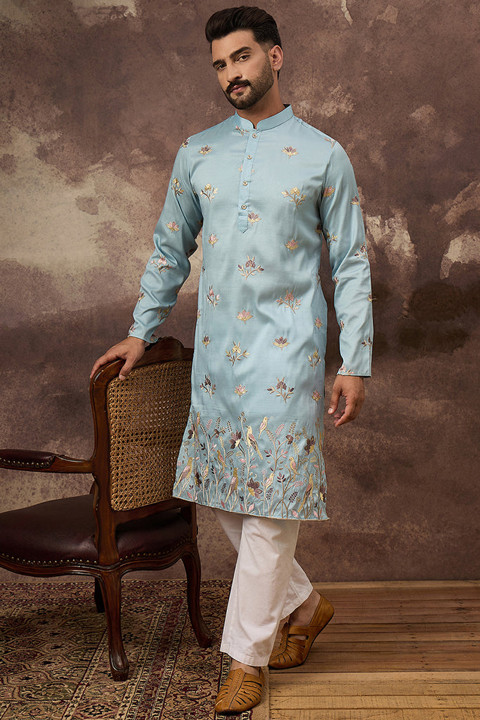 Blue Silk Blend Solid Embroidered Straight Kurta and Trouser MKSET1343