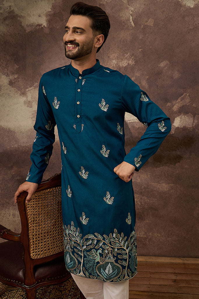 Blue Silk Blend Solid Embroidered Straight Kurta with Trouser MKSET1344