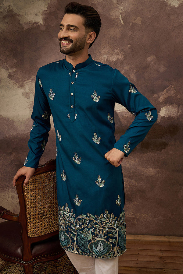 Blue Silk Blend Solid Embroidered Straight Kurta with Trouser MKSET1344
