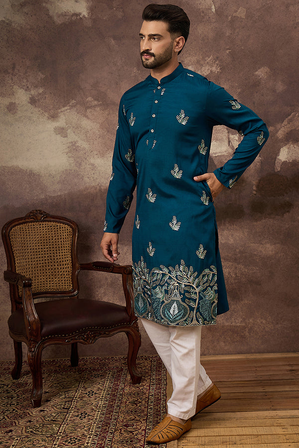 Blue Silk Blend Solid Embroidered Straight Kurta with Trouser MKSET1344