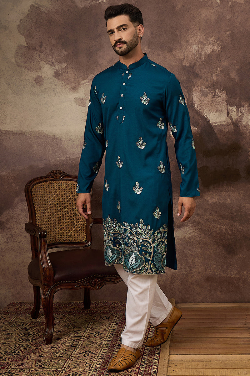 Blue Silk Blend Solid Embroidered Straight Kurta with Trouser MKSET1344