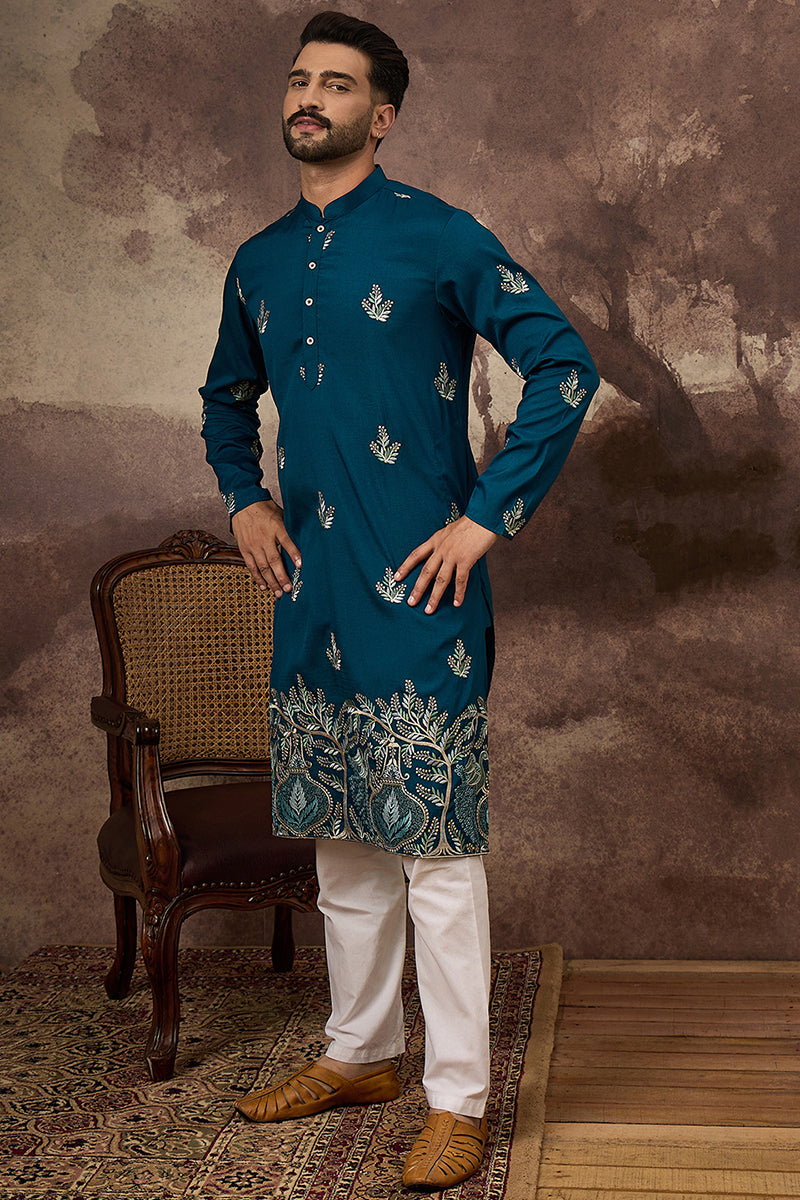 Blue Silk Blend Solid Embroidered Straight Kurta with Trouser MKSET1344