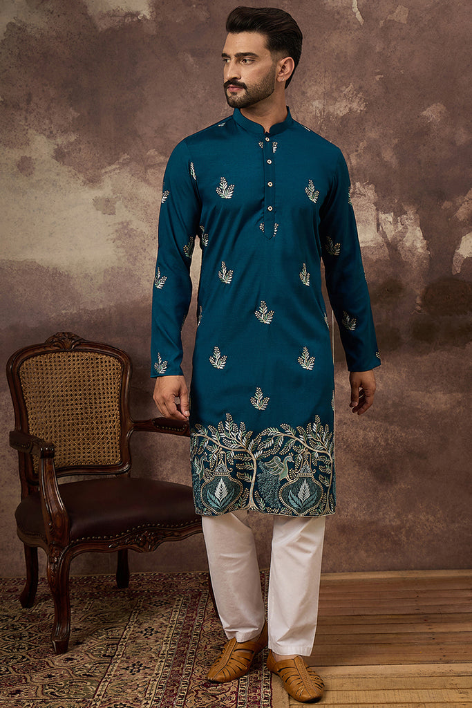 Blue Silk Blend Solid Embroidered Straight Kurta with Trouser MKSET1344