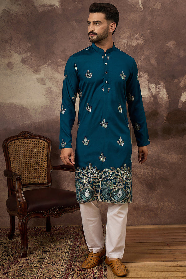 Blue Silk Blend Solid Embroidered Straight Kurta with Trouser MKSET1344