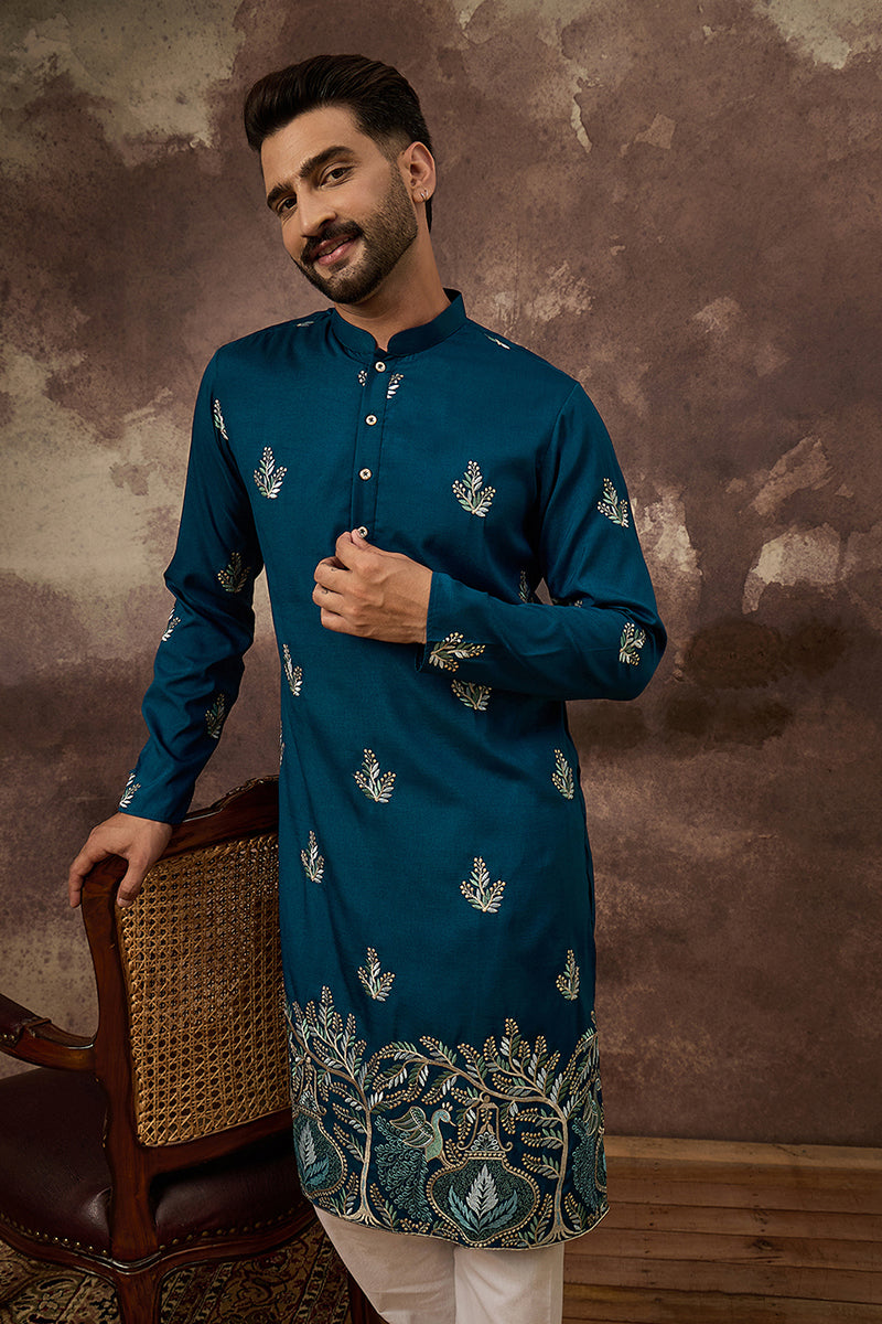 Blue Silk Blend Solid Embroidered Straight Kurta with Trouser MKSET1344