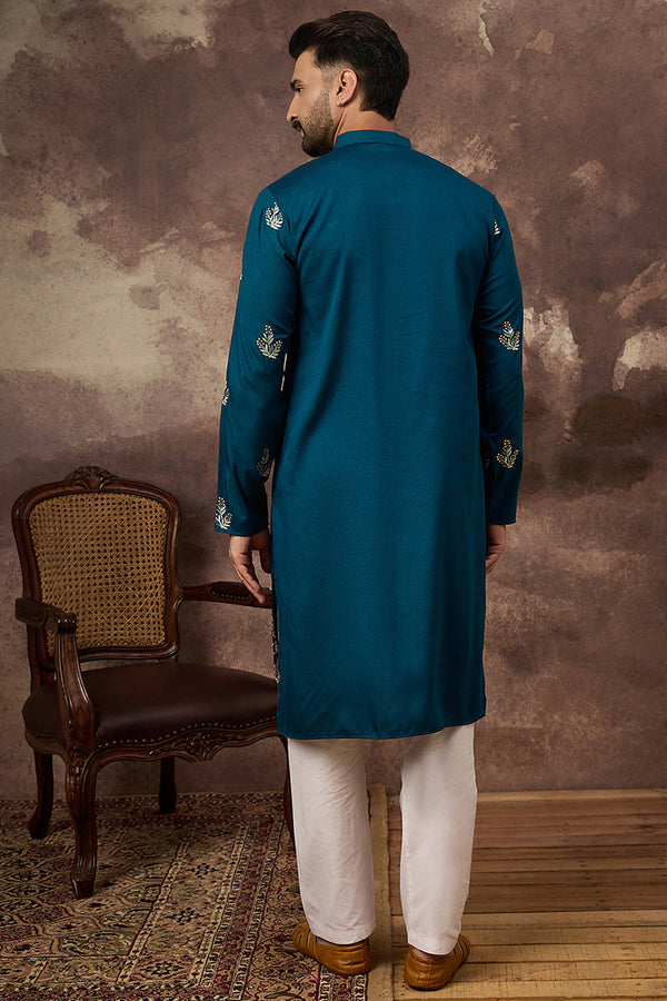 Blue Silk Blend Solid Embroidered Straight Kurta with Trouser MKSET1344