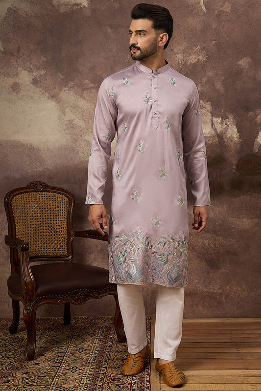 Lavender Silk Blend Solid Embroidered Straight Kurta with Trouser MKSET1349