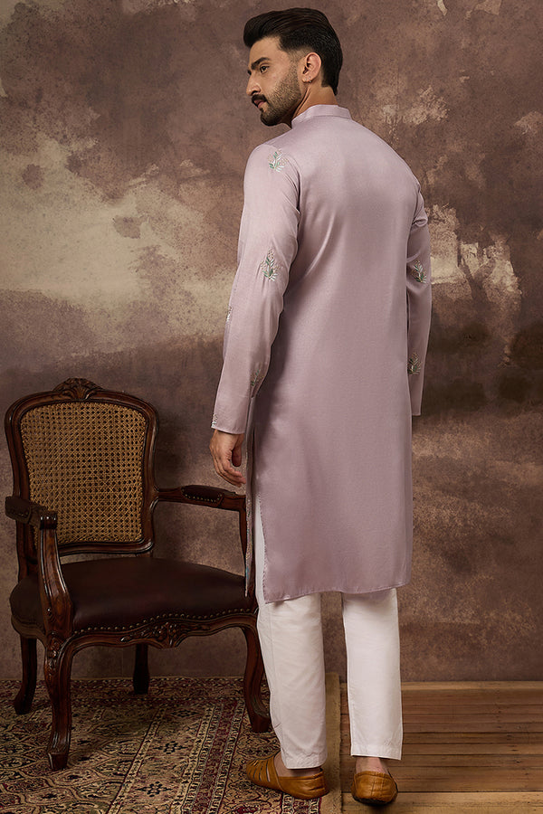 Lavender Silk Blend Solid Embroidered Straight Kurta with Trouser MKSET1349