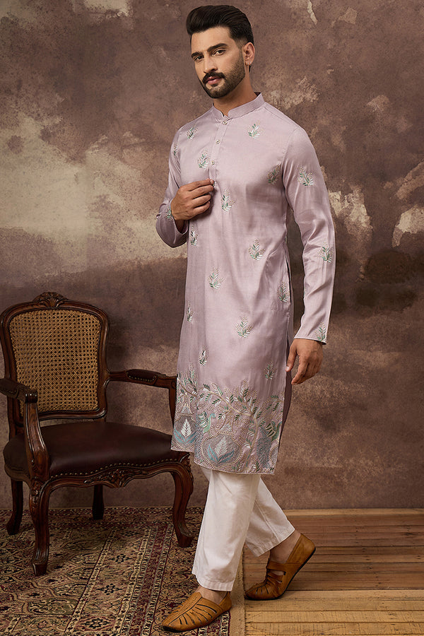 Lavender Silk Blend Solid Embroidered Straight Kurta with Trouser MKSET1349
