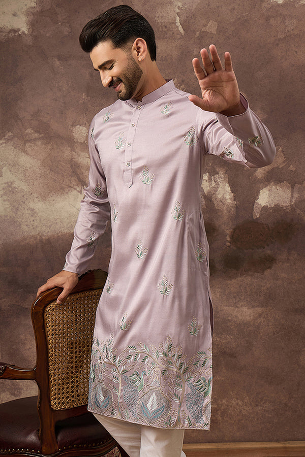 Lavender Silk Blend Solid Embroidered Straight Kurta with Trouser MKSET1349
