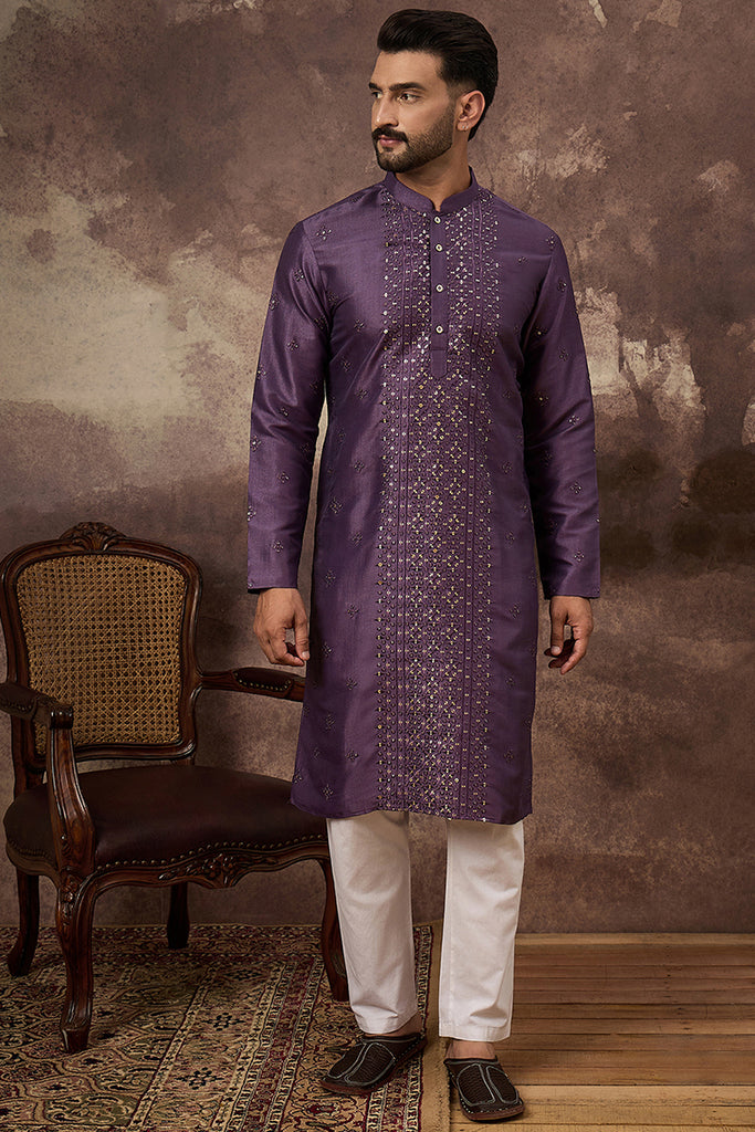 Purple Silk Blend Embroidered Sequins Straight Kurta with Trouser MKSET1366