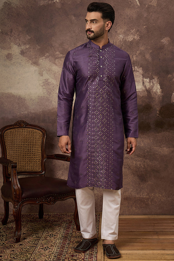 Purple Silk Blend Embroidered Sequins Straight Kurta with Trouser MKSET1366