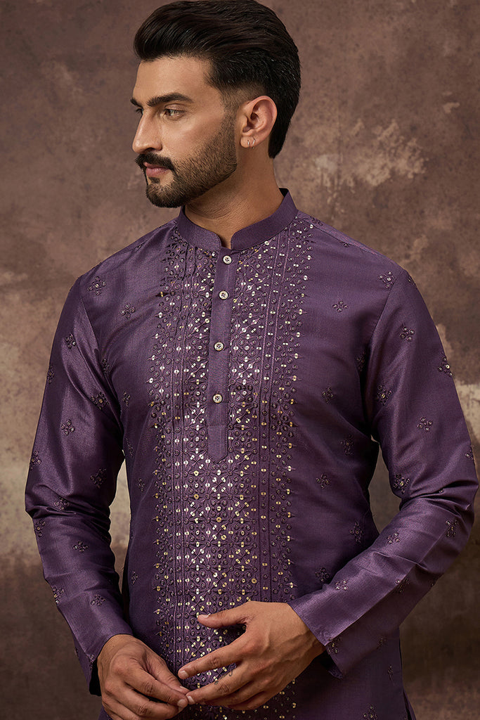 Purple Silk Blend Embroidered Sequins Straight Kurta with Trouser MKSET1366