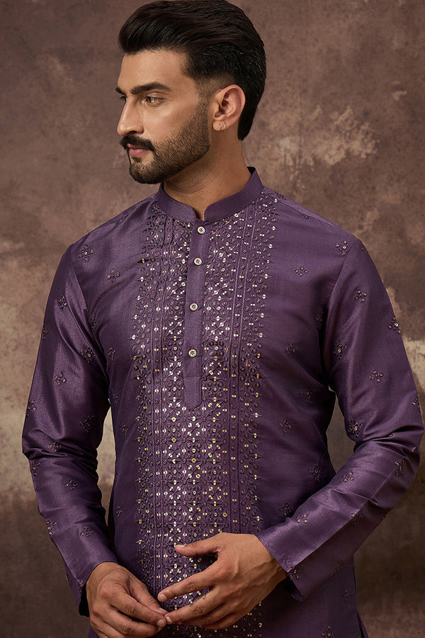 Purple Silk Blend Embroidered Sequins Straight Kurta with Trouser MKSET1366