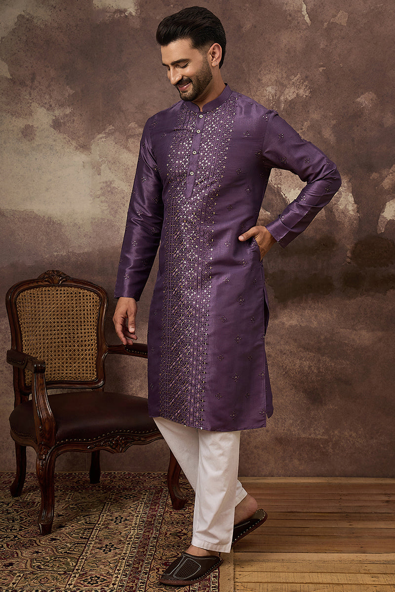 Purple Silk Blend Embroidered Sequins Straight Kurta with Trouser MKSET1366