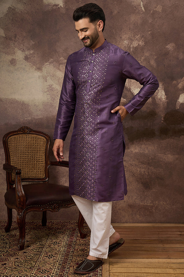 Purple Silk Blend Embroidered Sequins Straight Kurta with Trouser MKSET1366