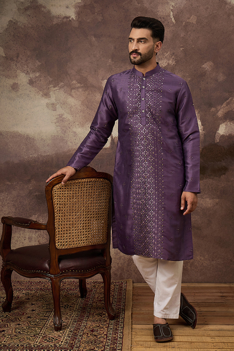 Purple Silk Blend Embroidered Sequins Straight Kurta with Trouser MKSET1366