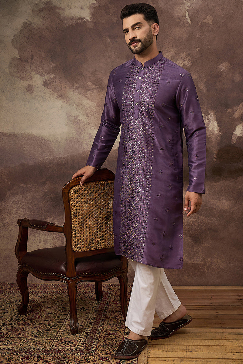 Purple Silk Blend Embroidered Sequins Straight Kurta with Trouser MKSET1366
