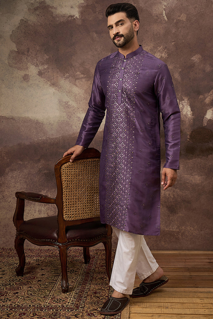 Purple Silk Blend Embroidered Sequins Straight Kurta with Trouser MKSET1366