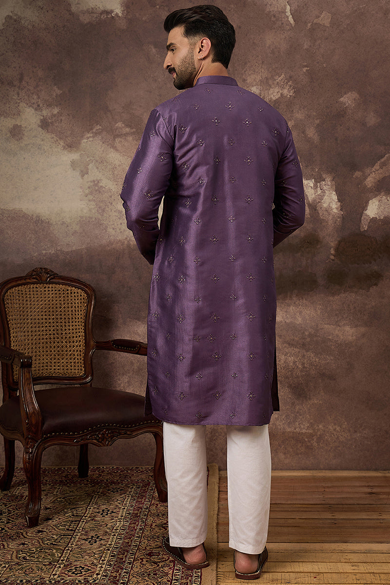 Purple Silk Blend Embroidered Sequins Straight Kurta with Trouser MKSET1366