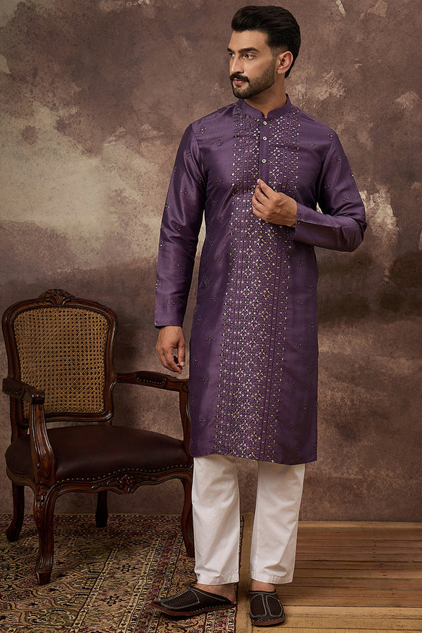 Purple Silk Blend Embroidered Sequins Straight Kurta with Trouser MKSET1366