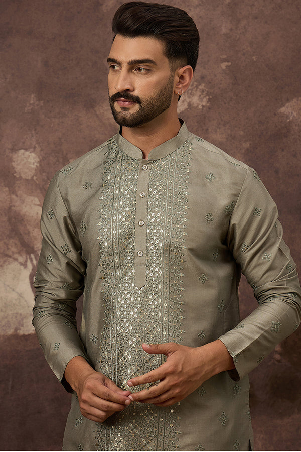 Green Silk Blend Embroidered Sequins Straight Kurta with Trouser MKSET1367