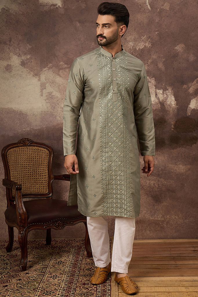 Green Silk Blend Embroidered Sequins Straight Kurta with Trouser MKSET1367