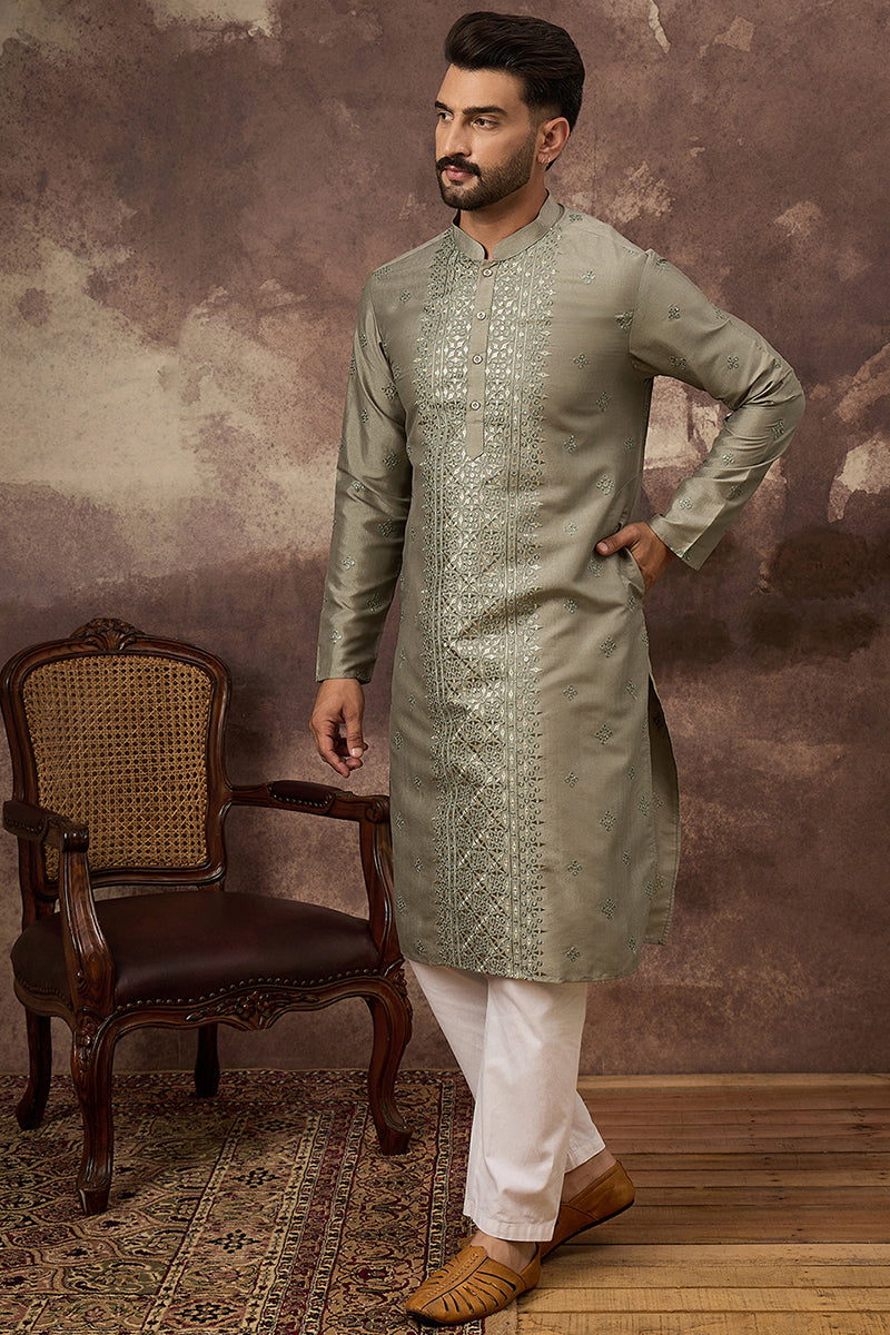 Green Silk Blend Embroidered Sequins Straight Kurta with Trouser MKSET1367
