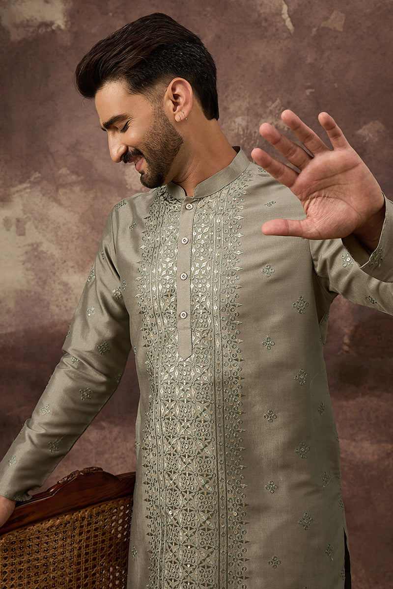 Green Silk Blend Embroidered Sequins Straight Kurta with Trouser MKSET1367