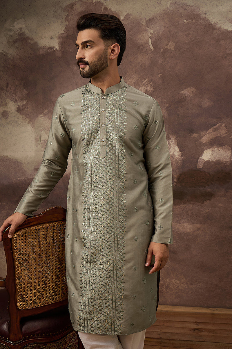 Green Silk Blend Embroidered Sequins Straight Kurta with Trouser MKSET1367