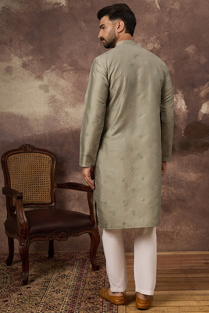 Green Silk Blend Embroidered Sequins Straight Kurta with Trouser MKSET1367