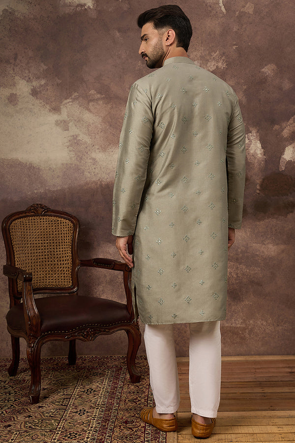 Green Silk Blend Embroidered Sequins Straight Kurta with Trouser MKSET1367