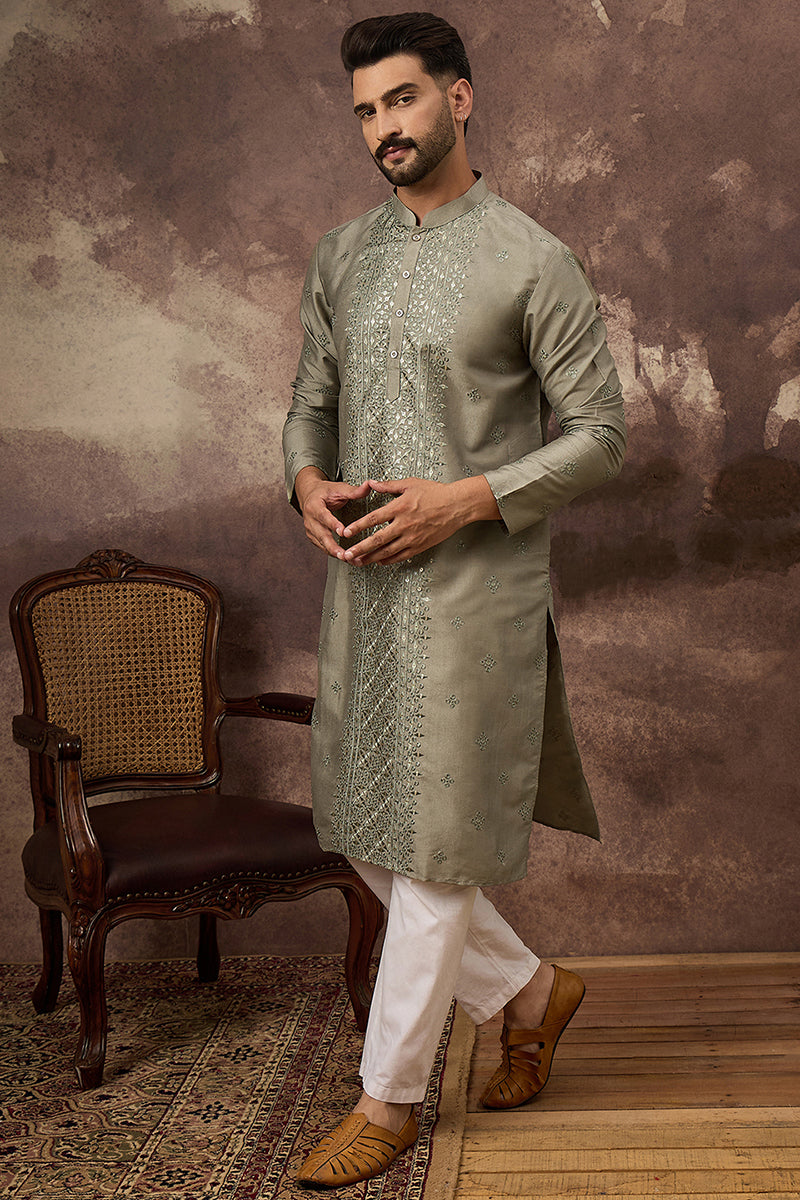 Green Silk Blend Embroidered Sequins Straight Kurta with Trouser MKSET1367