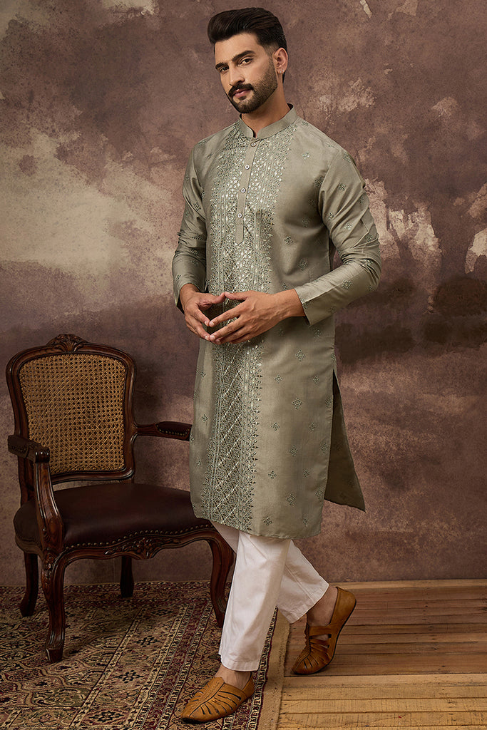 Green Silk Blend Embroidered Sequins Straight Kurta with Trouser MKSET1367