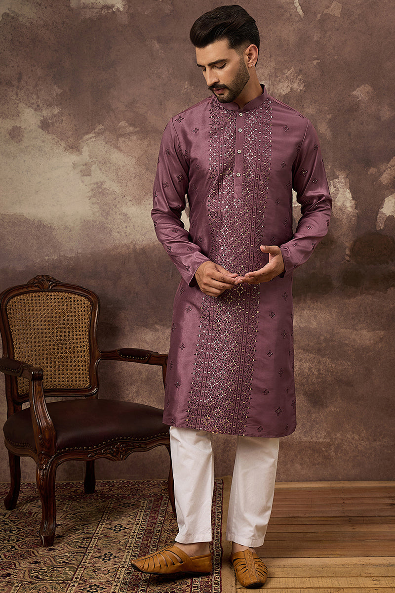 Mauve Silk Blend Embroidered Sequins Straight Kurta with Trouser MKSET1368