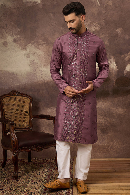 Mauve Silk Blend Embroidered Sequins Straight Kurta with Trouser MKSET1368